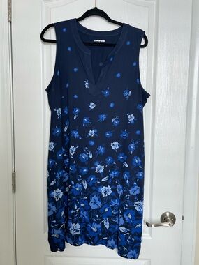 Lands' End Navy Floral V-Neck Dress